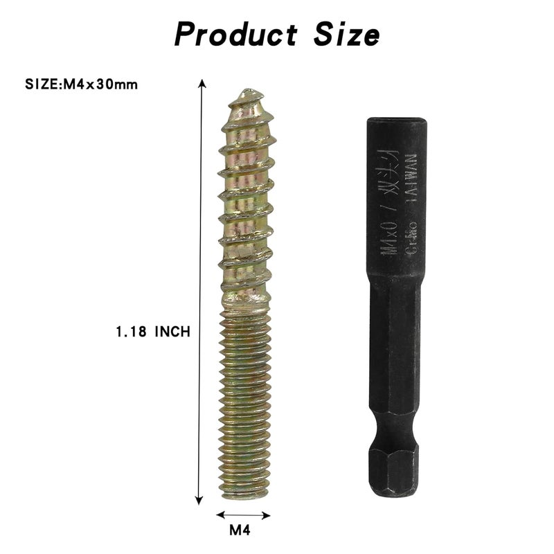 Hitefu 20PCS Hanger Bolts, M4 Double Ended Screws 1.18"(30mm) Length, M4 Dowel Screw for Wood Furniture, with (M4x0.7mm) Hanger Bolt Driver - Image 3